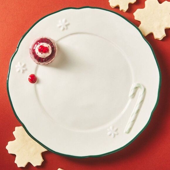 Anthropologie Holifaye Stoneware Dessert Plate Holiday Christmas Ivory Red NEW - Picture 1 of 6